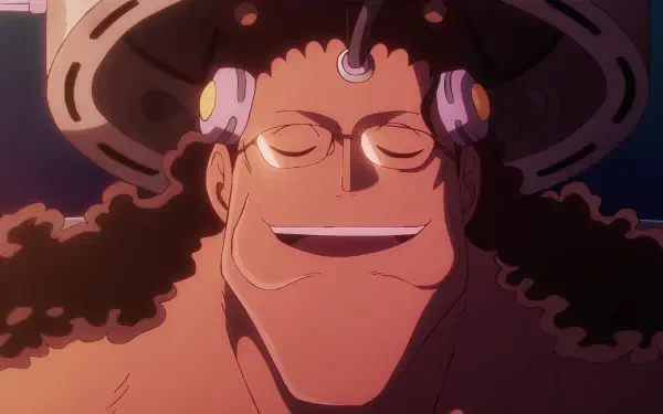 Anime One Piece — Bartholomew Kuma smiling with closed eyes, wearing his signature hat and paw-print headphones; 4K Ultra HD PC desktop wallpaper background.