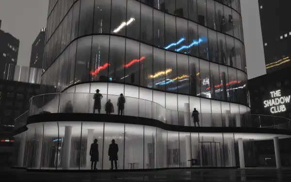 4K Ultra HD PC Desktop Wallpaper and Background: monochrome curving glass building at night, silhouetted figures on balconies and streaks of colored neon light.