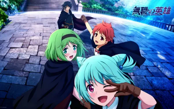 4K Ultra HD PC desktop wallpaper of Anime Hero Without a Class: Who Even Needs Skills?! — four cloaked characters on a stone promenade by water, teal-haired girl winks at viewer.