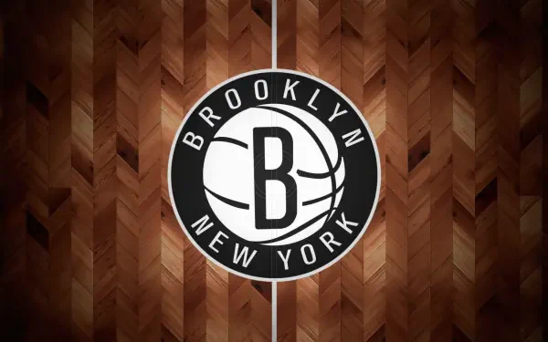 HD desktop wallpaper of the Brooklyn Nets NBA logo centered over a dark wood parquet basketball-court style background.