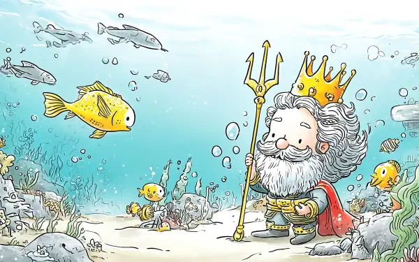 Illustration of King Neptune underwater, crowned with trident among fish and coral — 2K Quad HD PC desktop wallpaper background.