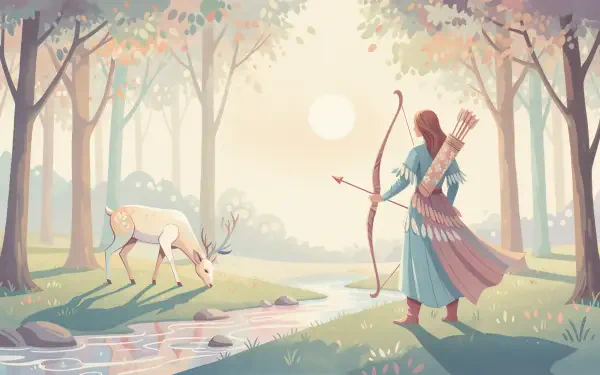 Hunter with bow and quiver watches a grazing deer by a sunlit forest stream at dawn — 4K Ultra HD PC desktop wallpaper and background.