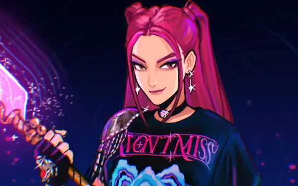 2K Quad HD PC wallpaper of Mira from the movie KPop Demon Hunters — pink‑haired K‑pop demon hunter with a glowing weapon, edgy outfit and a confident smirk.