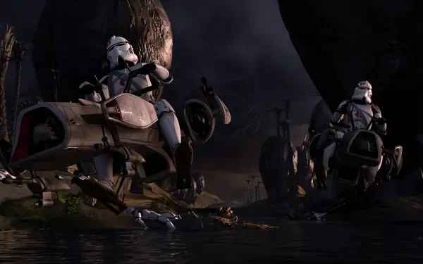 Star Wars 4K Ultra HD PC desktop wallpaper: clone troopers on speeder bikes skimming a dark swamp under stormy skies.