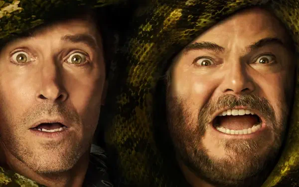 Close-up of two shocked men entwined by a giant anaconda, cinematic poster for Anaconda (2025), 4K Ultra HD PC desktop wallpaper.