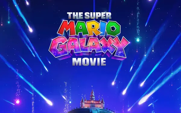 5K Ultra HD PC desktop wallpaper: The Super Mario Galaxy movie logo above a glowing castle, shooting stars and a cosmic blue sky.