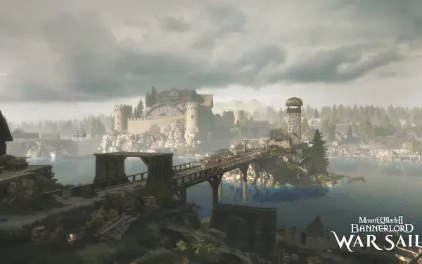 HD PC desktop wallpaper from the video game Mount & Blade II: Bannerlord - War Sails — a misty coastal gaming environment with a wooden bridge, fortifications, watchtowers and stormy skies.