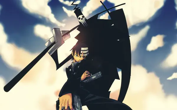 Death the Kid from Soul Eater stands beneath a stormy sky, twin pistols and scythe silhouetted — dark anime 4K Ultra HD PC desktop wallpaper/background.