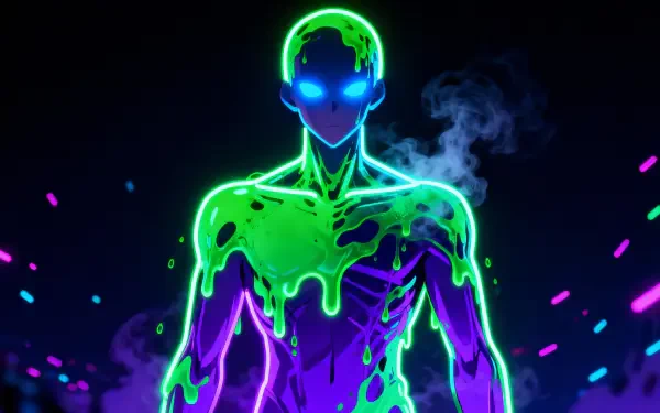 Neon anime 4K Ultra HD PC Desktop Wallpaper and Background — glowing humanoid with blue eyes, green slime dripping over a purple body, shrouded in smoke and neon particle lights.