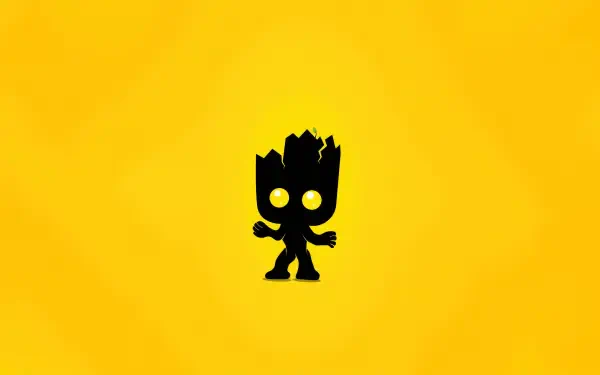 Minimalist Marvel Comics Groot silhouette with glowing yellow eyes centered on bold yellow background — 4K Ultra HD PC desktop wallpaper, comic-inspired.