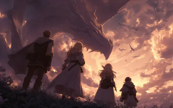 Anime fantasy scene: four silhouetted figures stand on a ridge facing a colossal dragon beneath a glowing sunset — 4K Ultra HD PC desktop wallpaper and background.