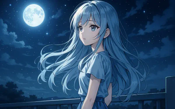Anime night: blue-haired girl on a balcony beneath a full moon and starry sky — 4K Ultra HD PC desktop wallpaper/background.