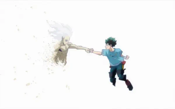 HD PC desktop wallpaper: My Hero Academia's Tomura Shigaraki reaches through a dissolving shadow to grasp Izuku Midoriya on a white background.