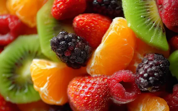 4K Ultra HD PC desktop wallpaper of food: close-up of mixed fruits — sliced kiwi, strawberries, blackberries and juicy tangerine segments.