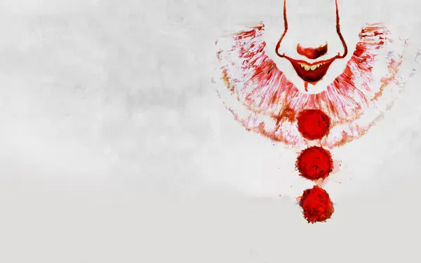 4K Ultra HD PC desktop wallpaper: Pennywise from It (2017) — pale face with red smile, ruffled collar and three red pom-poms on a white background.