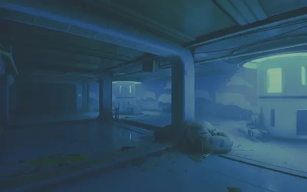 HD PC desktop wallpaper for the video game Routine: dim blue futuristic maintenance bay with heavy pillars, glowing windows and scattered machinery creating a quiet, routine atmosphere.