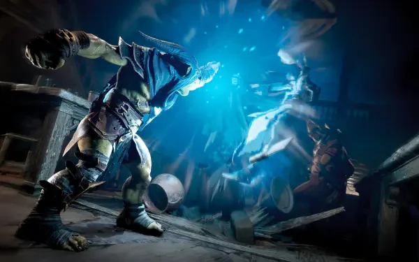 HD PC desktop wallpaper from the video game Styx: Blades of Greed — goblin thief hurls blue magic energy at armored guards in a dim, chaotic dungeon.