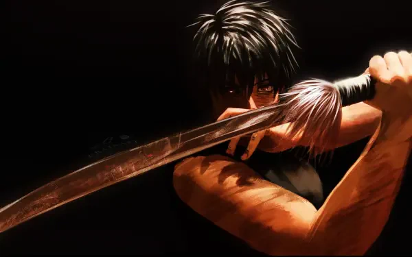 2K Quad HD desktop wallpaper: black-anime style Maki Zenin (Jujutsu Kaisen) gripping a katana, low-lit close-up with blade raised across her face.