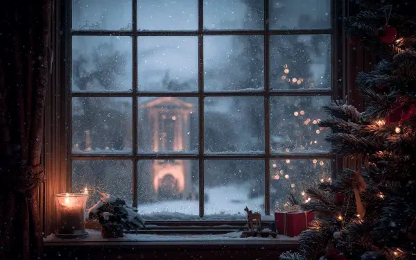 4K Ultra HD PC desktop wallpaper: snowy window with frosted panes, candlelit sill, presents and a glowing Christmas tree framing a quiet snowbound night.