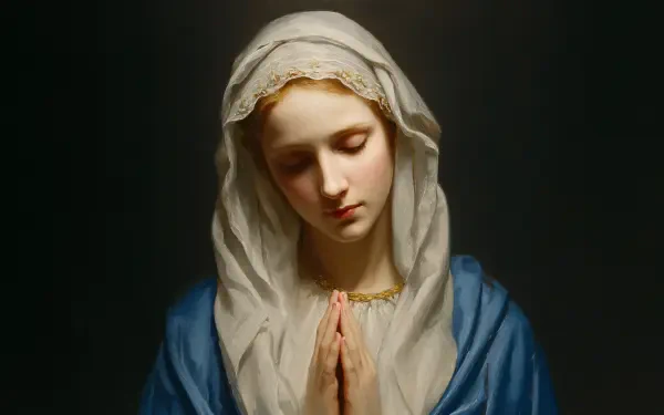 Prayerful portrait of Mary, Mother of Jesus, hands folded, white veil and blue mantle, softly lit against a dark background — 4K Ultra HD PC desktop wallpaper.
