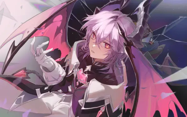 Genshin Impact: Durin with pink hair and horns, dark pink-and-black bat wings and glowing eyes, reaching forward in a white-and-black outfit against a shattered-glass backdrop. HD PC wallpaper.