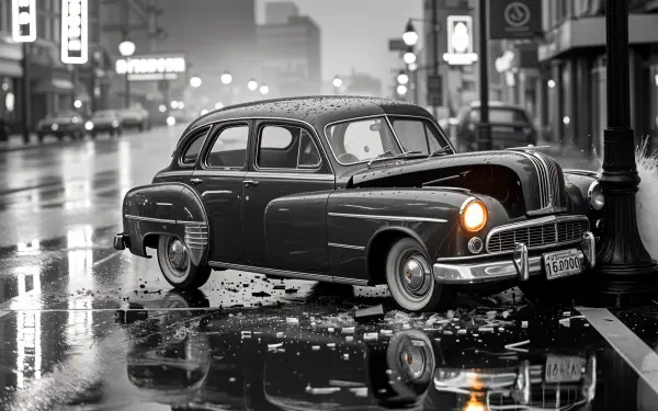 Black-and-white 4K Ultra HD PC desktop wallpaper: vintage car crashed on a rain-slick city street, broken glass and debris reflecting neon lights.