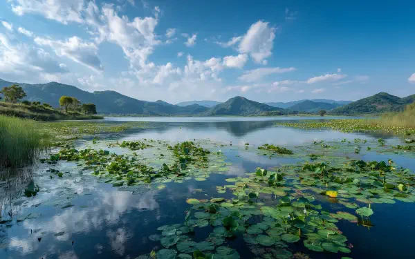 2K Quad HD PC desktop wallpaper — nature landscape: lake with aquatic plants and lily pads in the foreground, calm water reflecting clouds and distant mountains.