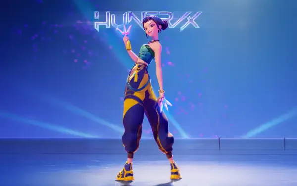 KPop Demon Hunters 5K Ultra HD PC desktop wallpaper: stylized K-pop demon hunter in neon streetwear wielding a glowing dagger, striking a confident pose on a futuristic stage.