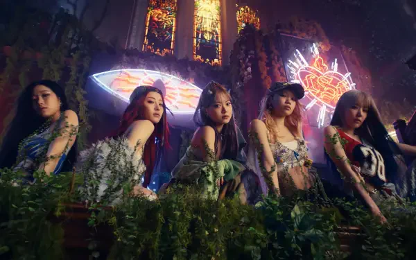 4K Ultra HD PC desktop wallpaper of a South Korean K-pop girl group on a lush balcony beneath neon heart signs and stained-glass windows, moody music-themed visuals.