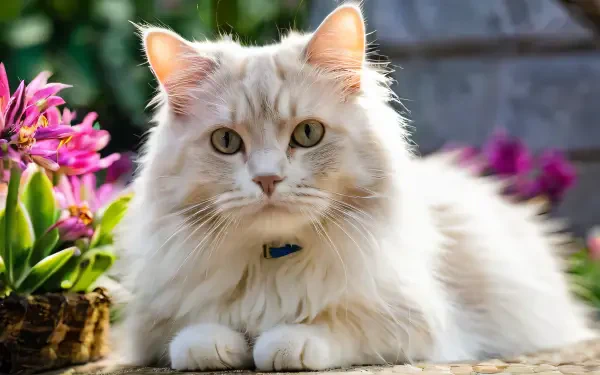 Fluffy white cat reclining among garden flowers — cat, feline, animal — vivid 4K Ultra HD PC desktop wallpaper and background with soft natural lighting.