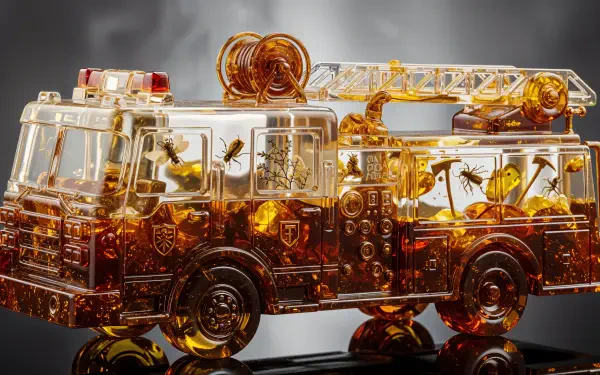 Translucent amber toy fire engine with ladder and gleaming reflections on a glossy surface — 4K Ultra HD PC desktop wallpaper background.