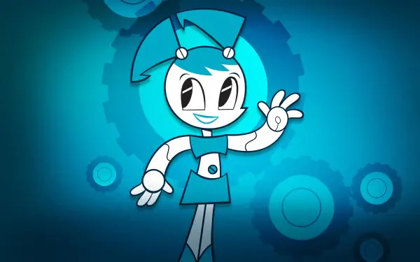 4K Ultra HD PC desktop wallpaper of Jenny (XJ-9) from My Life As A Teenage Robot, smiling and waving against a stylized blue gear-patterned background.