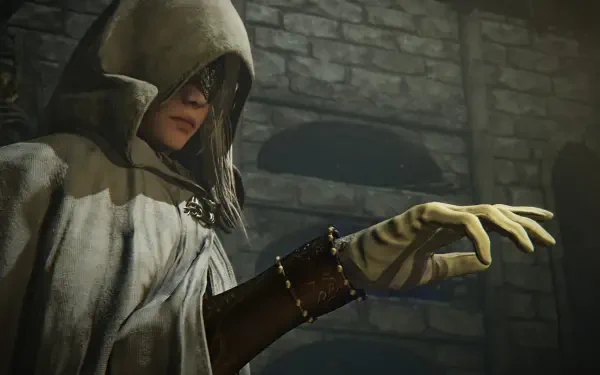 Video game Elden Ring Nightreign (Elden Ring) 2K Quad HD PC desktop wallpaper: hooded, gloved figure reaching forward in a dim stone chamber, moody fantasy atmosphere.