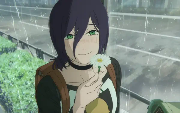 Anime Chainsaw Man wallpaper: Reze smiling in the rain, holding a daisy on a rain-slick street — 2K Quad HD PC desktop background.