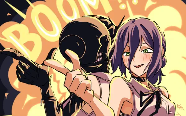 HD PC desktop wallpaper: Anime image of Reze (Chainsaw Man) with purple hair, smiling and pointing beside a masked figure against a bold BOOM explosion background.