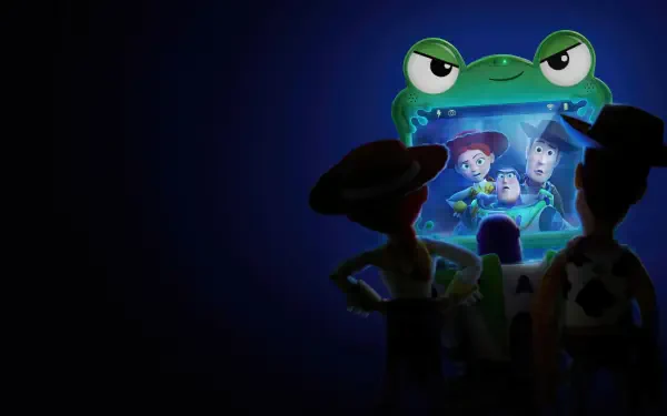 Toy Story 5 4K Ultra HD PC desktop wallpaper and background: Woody and Buzz silhouetted watching a glowing frog-shaped screen showing Jessie, Bo Peep and other toys.