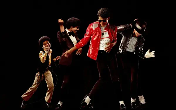 4K Ultra HD PC wallpaper labeled Michael (2026): four dynamic stage poses of a pop performer in a red jacket, single glove and fedora, silhouetted against a black background.