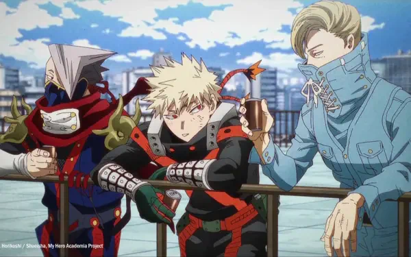 HD anime desktop wallpaper of My Hero Academia: Katsuki Bakugou flanked by Tsunagu Hakamada and Shinya Kamihara on a rooftop railing under a bright blue sky.