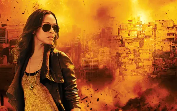 Colombiana 4K Ultra HD PC desktop wallpaper: woman in sunglasses and leather jacket stands before a fiery orange cityscape and collapsing shantytown.