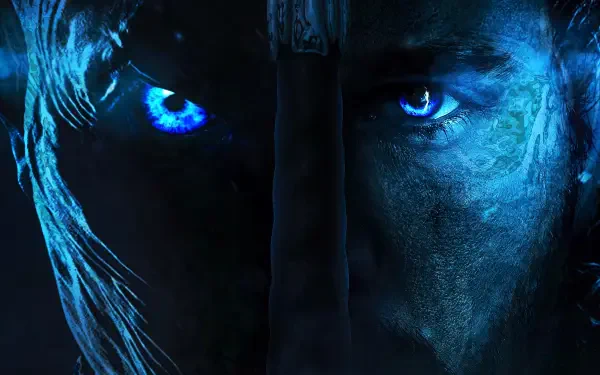 Game of Thrones 4K Ultra HD PC desktop wallpaper: split close-up of an icy, frost-textured face with glowing blue eyes, shadowed and ominous.