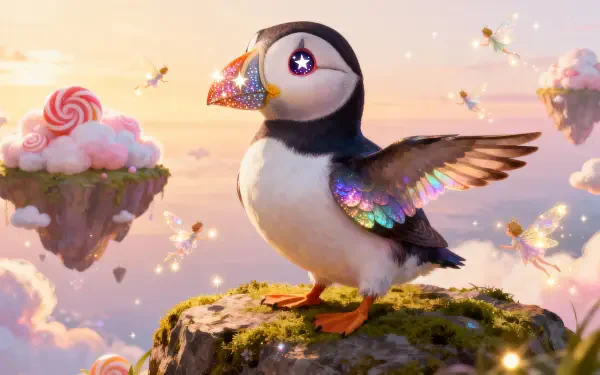Whimsical puffin with iridescent feathers perched on a mossy rock among floating candy isles and glowing fireflies — 4K Ultra HD PC desktop wallpaper and background.