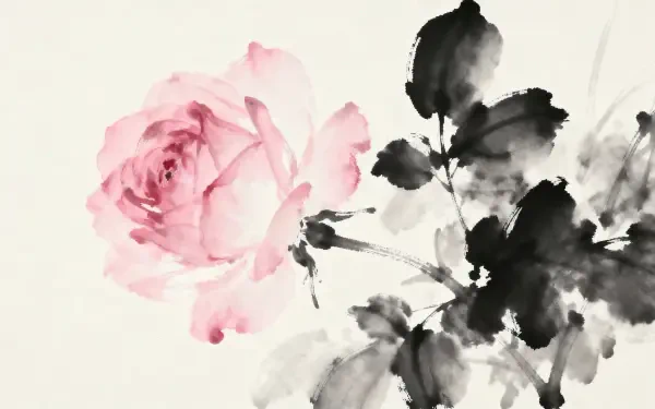 Watercolor pink rose with ink-wash black leaves on a pale background, 4K Ultra HD PC desktop wallpaper and background.