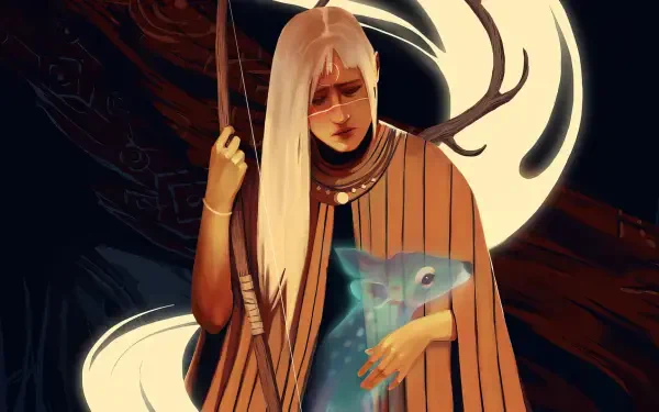 HD PC desktop wallpaper from the video game Death Howl: pale, cloaked figure holding a glowing fawn as luminous antler-shaped light swirls over a dark, moody background.