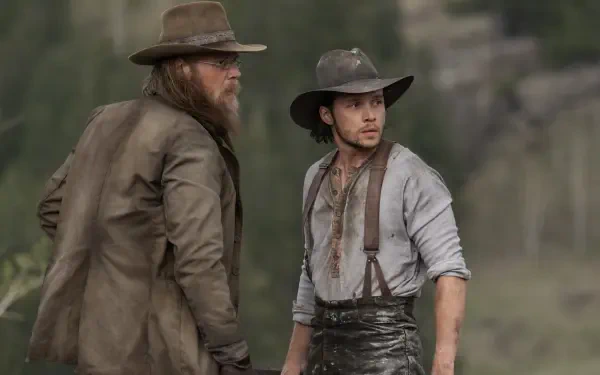 Two rugged, mud-streaked men in period hats and suspenders stand alert in a misty forest — TV show The Abandons 4K Ultra HD PC desktop wallpaper and background.