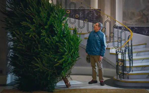4K Ultra HD PC wallpaper from TV show Man vs Baby: a man in a blue jacket stares at an enormous Christmas tree beside an ornate curved staircase.