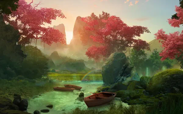 2K Quad HD PC desktop wallpaper and background: a fantasy forest landscape with red-leaved trees, misty river, mossy rocks and two wooden boats beneath a glowing sky.