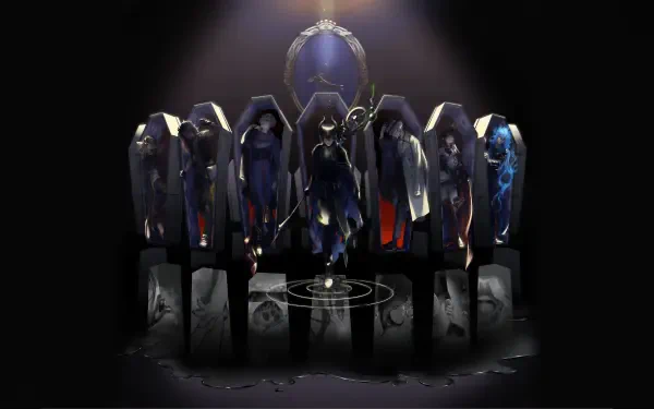 Dark Disney Twisted-Wonderland 4K Ultra HD PC desktop wallpaper/background: seven coffin-like glass cases with silhouetted figures, arcane symbols and glossy floor reflections beneath a lone spotlight.