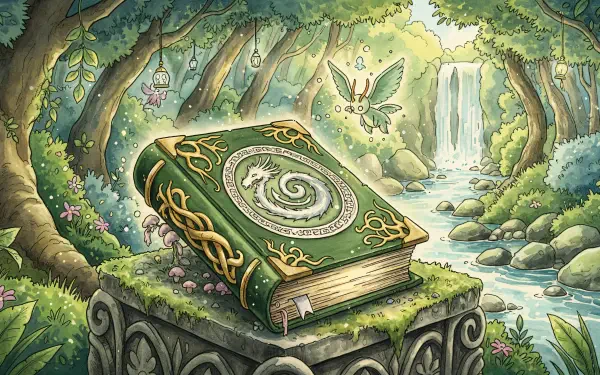 Ornate green spellbook on a mossy stone pedestal in a sunlit forest glade with waterfall and tiny winged creature, whimsical 4K Ultra HD PC desktop wallpaper and background.