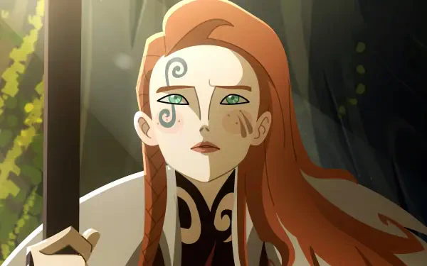 Twilight of the Gods 2K Quad HD PC desktop wallpaper and background: red‑haired warrior with facial tattoos grips a sword in a twilight forest, green eyes fixed forward.