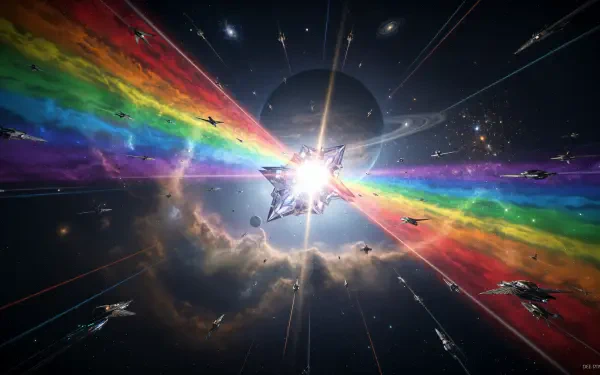 Space opera 4K Ultra HD PC Desktop Wallpaper and Background: a colossal starship erupts into a radiant rainbow beam across a starfield, surrounded by fleets, nebulae, and cosmic lights.